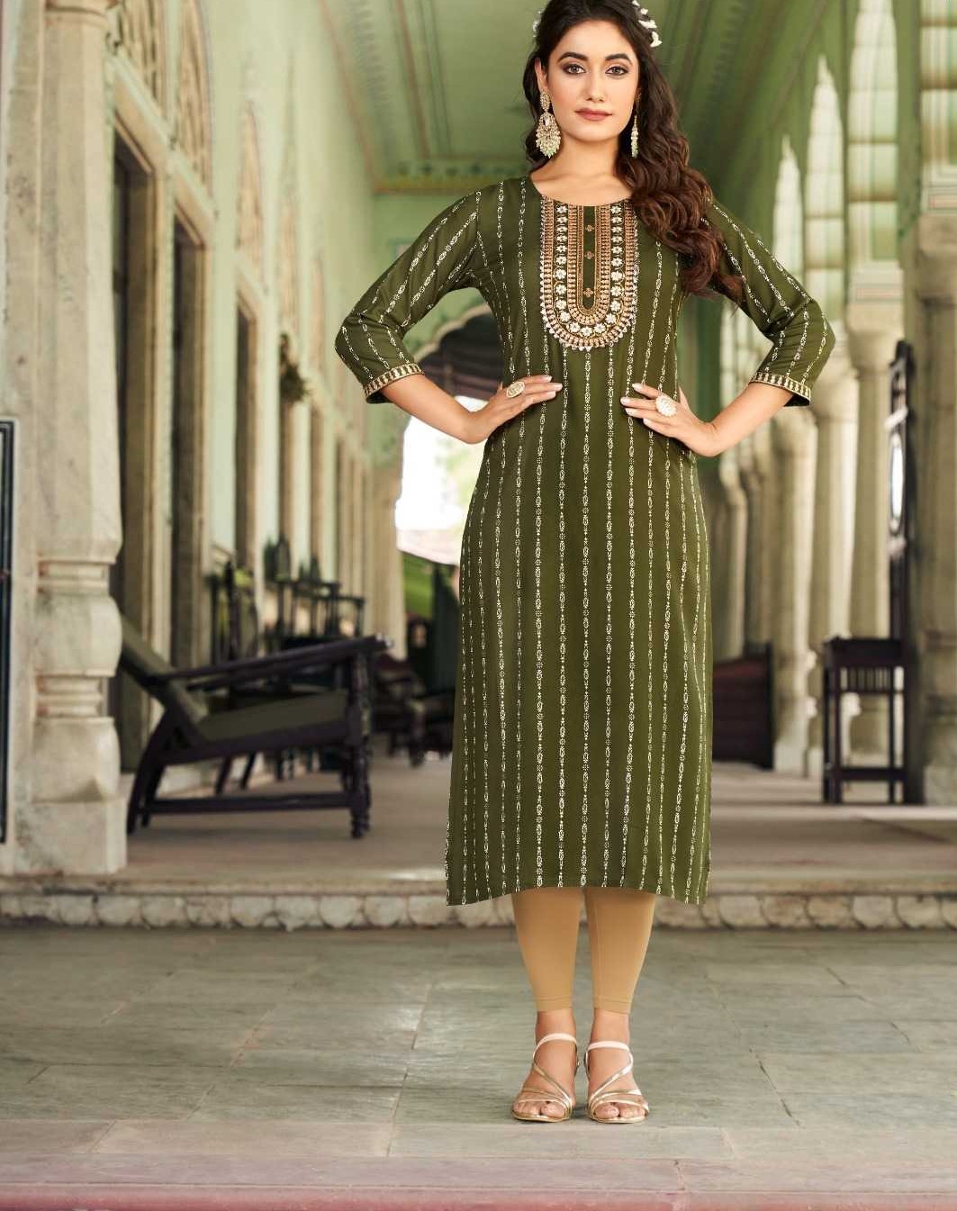 Mehndi Green Heavy Rayon Embroidery Casual Wear Kurtis 8004