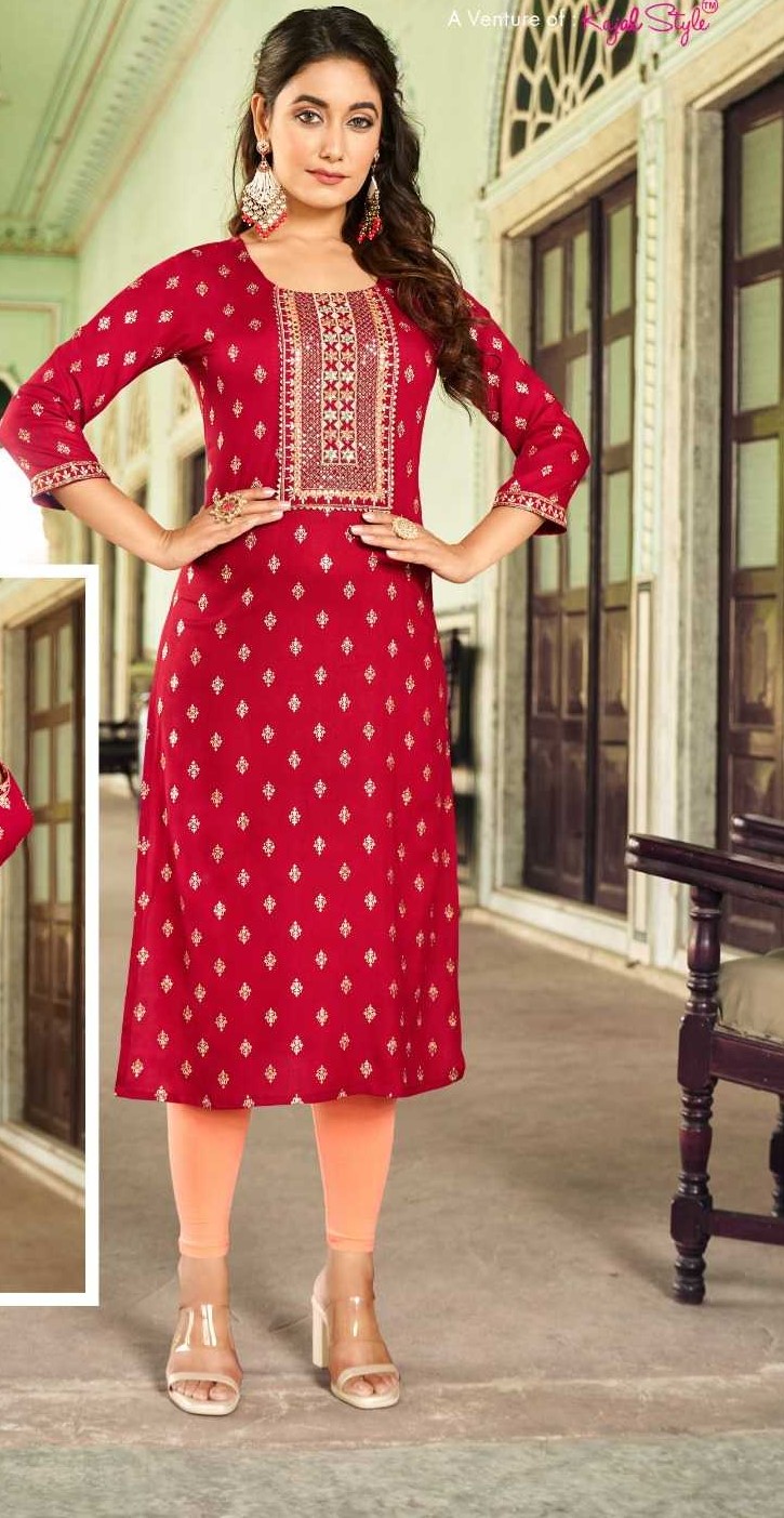 Red Heavy Rayon Embroidery Casual Wear Kurtis 8008