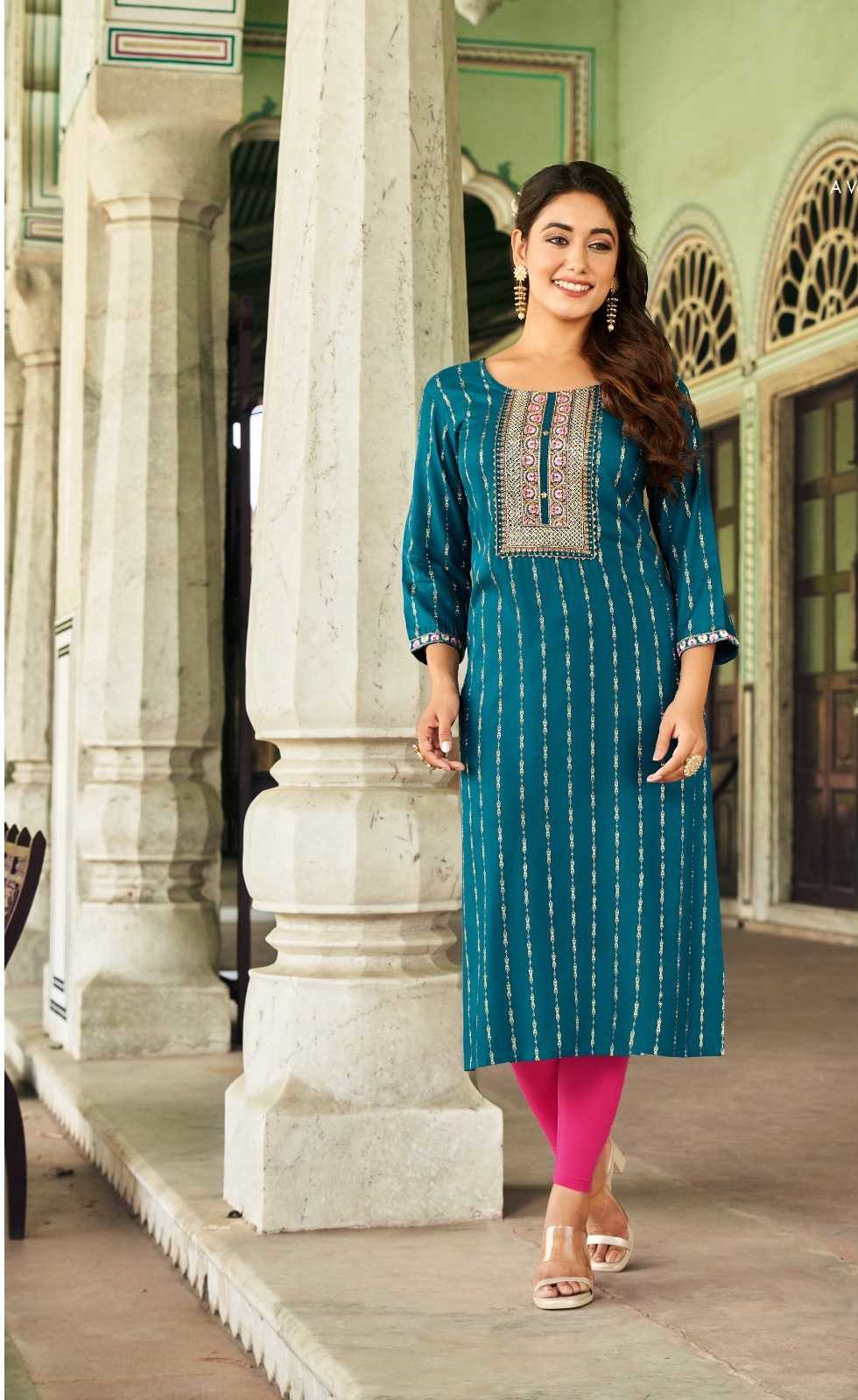 Peacock Blue Heavy Rayon Embroidery Casual Wear Kurtis 8010