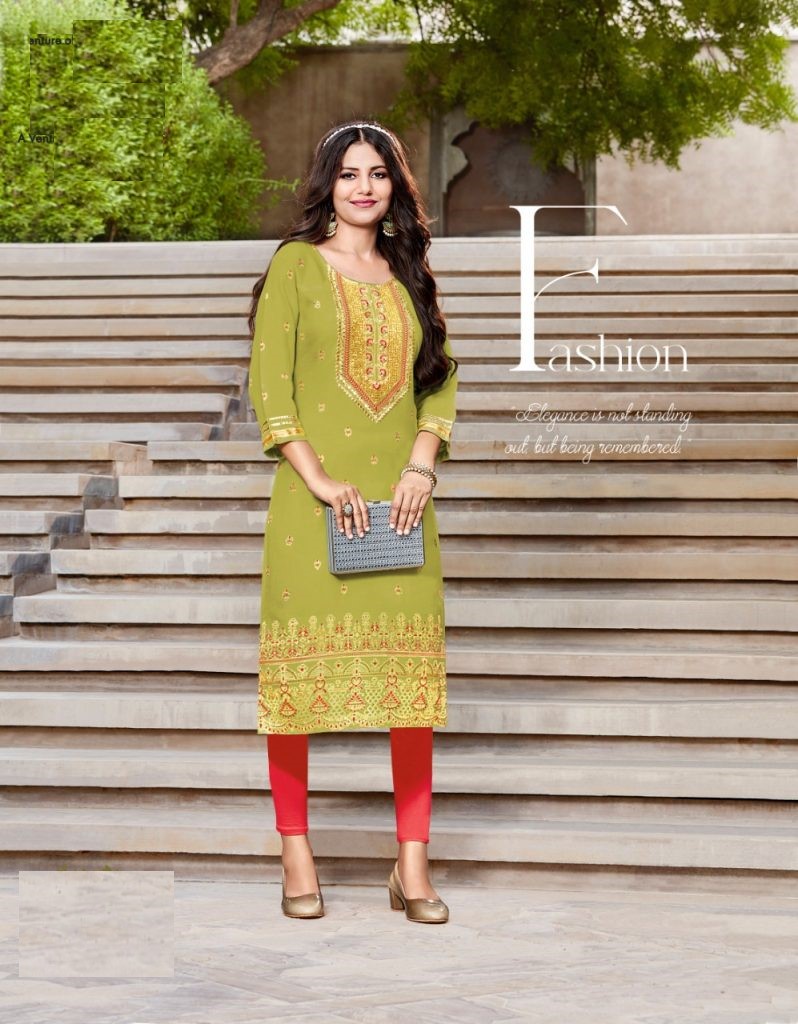 Pure Rayon Gold Print & Heavy Embroidery Straight Fit Kurti 5002