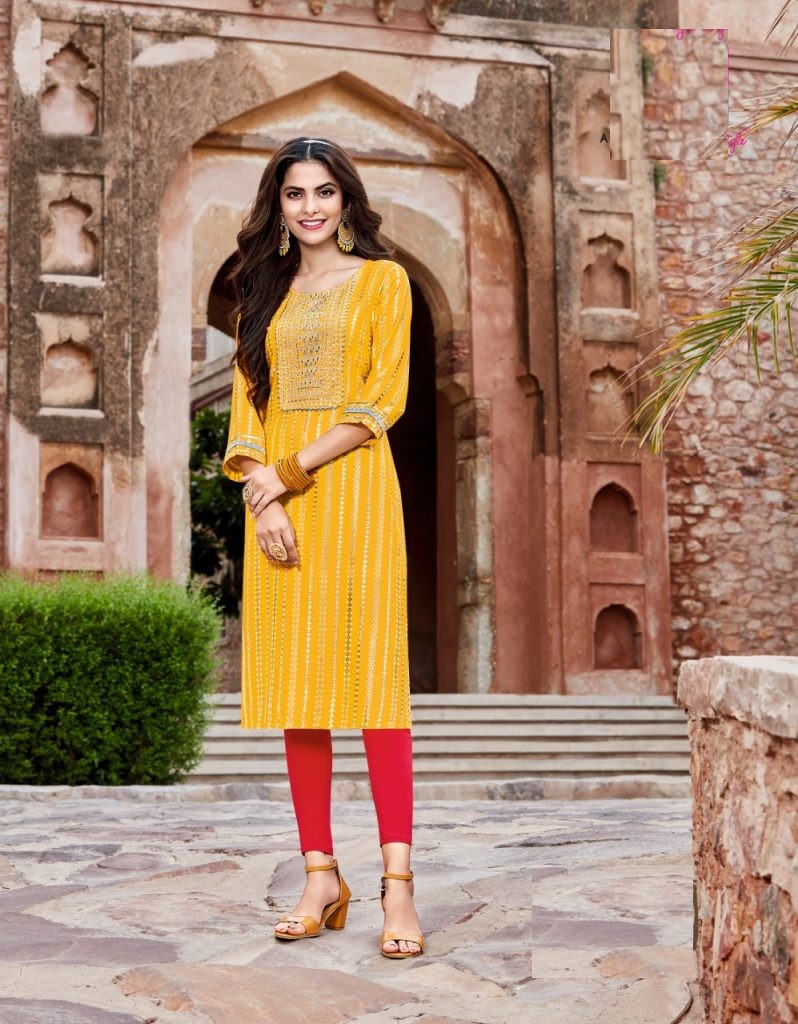 Pure Rayon Gold Print & Heavy Embroidery Straight Fit Kurti 5003