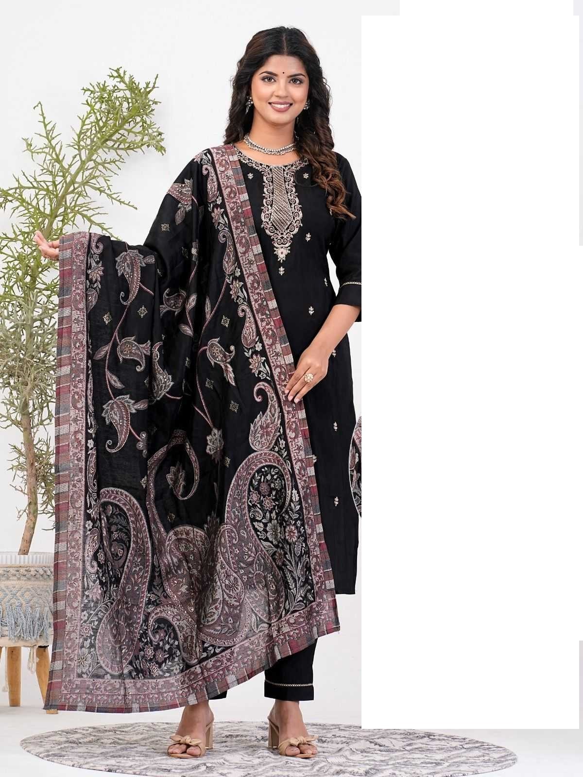 Black Roman Silk Full Stitch Embroidery Plus Size Suits with Muslin Dupatta 01