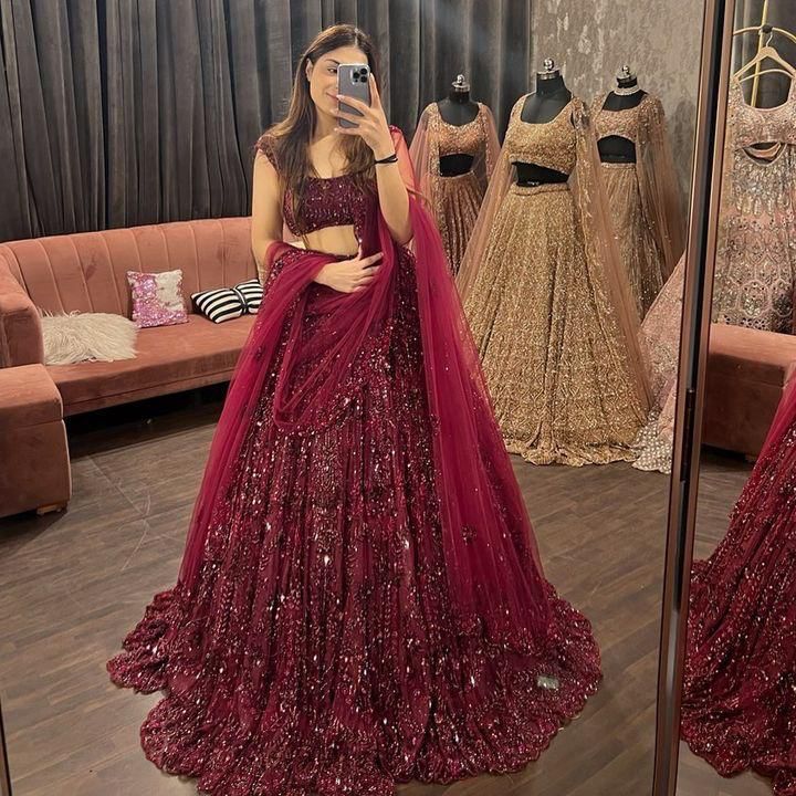 Mesmerizing Maroon Soft Net Semi Stitched Wedding Lehenga 2011 - Image 2