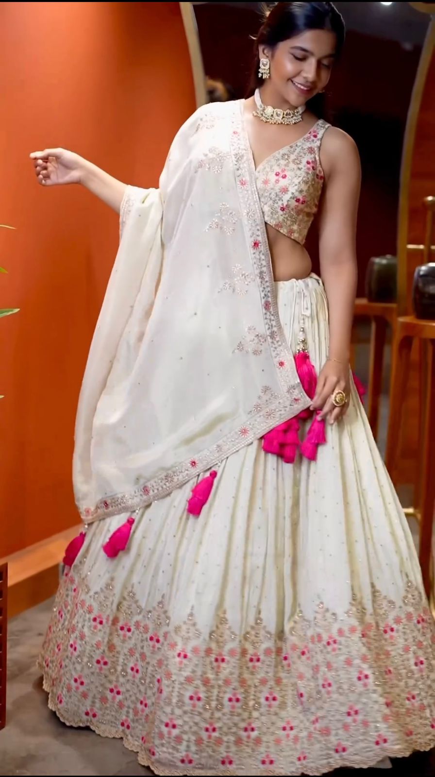 Off White Floral Embroidery Wedding Full Stitched Lehenga 2013