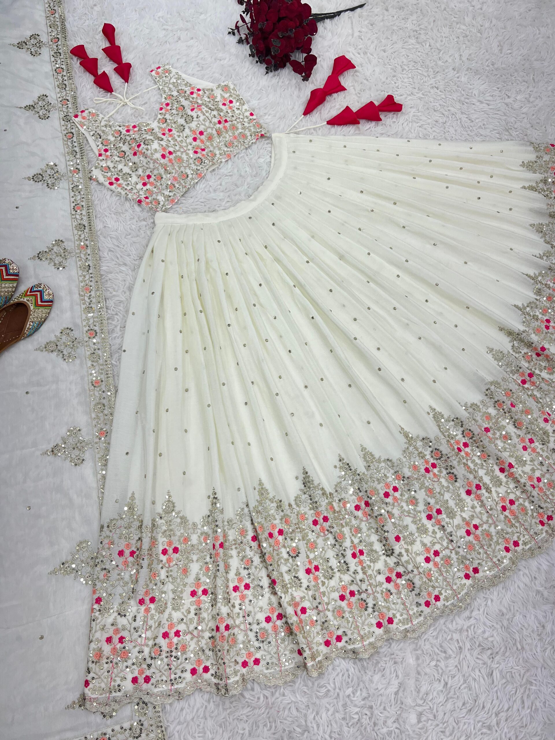 Off White Floral Embroidery Wedding Full Stitched Lehenga 2013 - Image 4