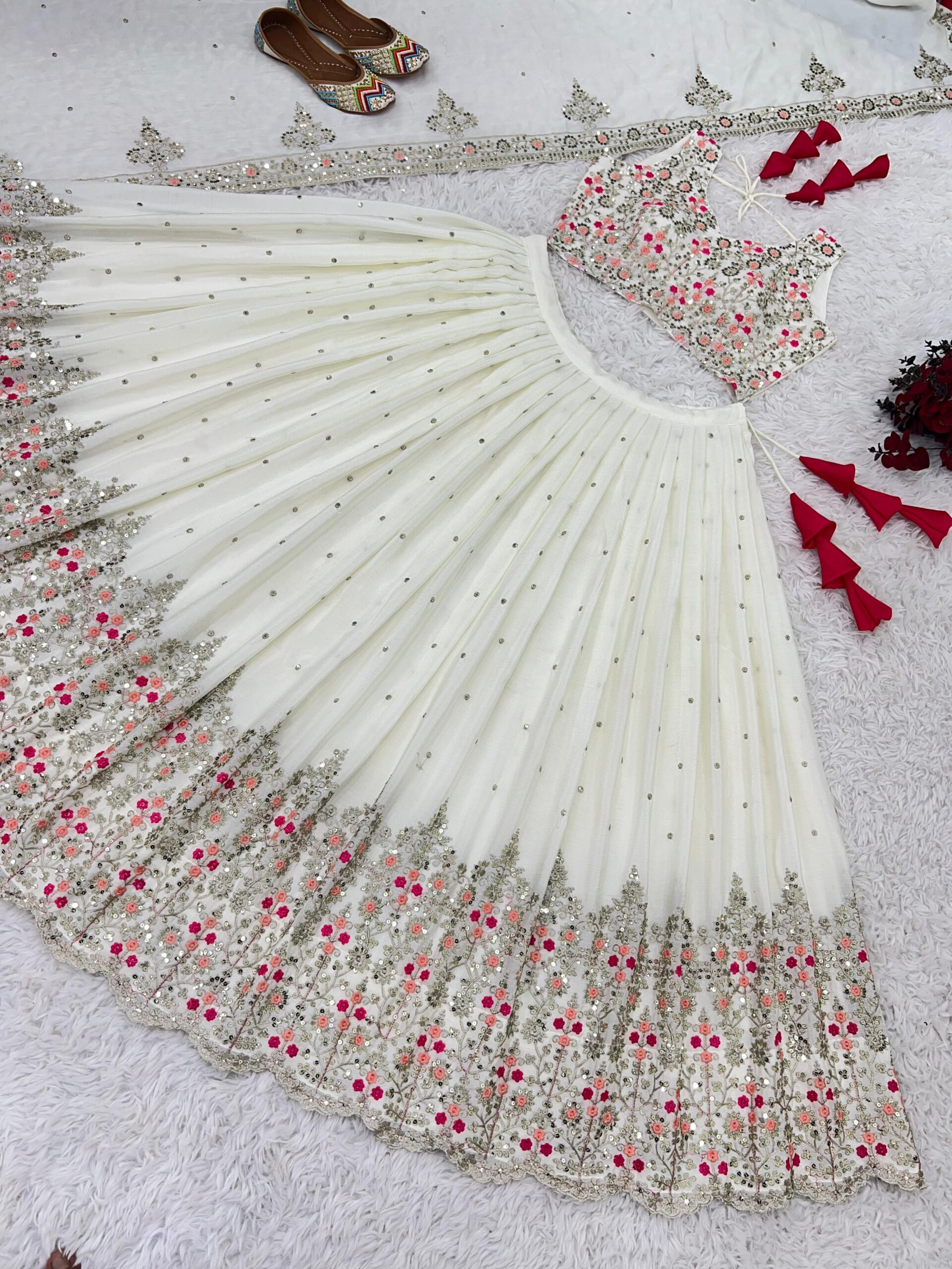 Off White Floral Embroidery Wedding Full Stitched Lehenga 2013 - Image 5