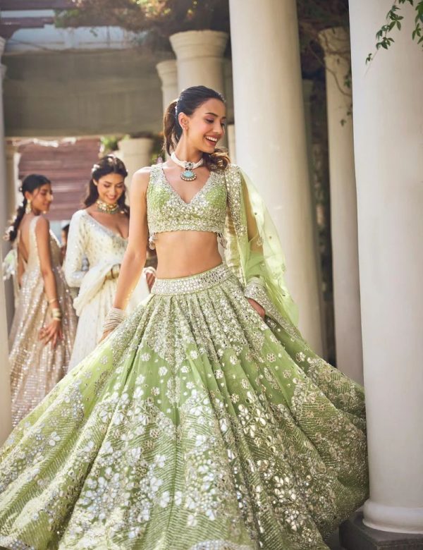 Pastel Green Heavy Georgette Embroidery Diamond Work Semi Stitched Lehengas 1082