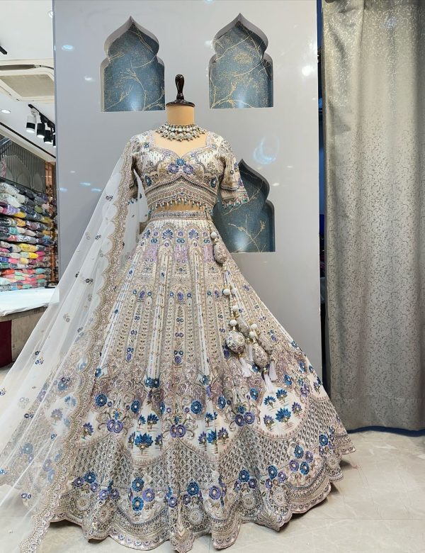 White & Blue Satin Silk Heavy Embroidery Diamond Work Semi Stitched Bridesmaid Lehengas 1083