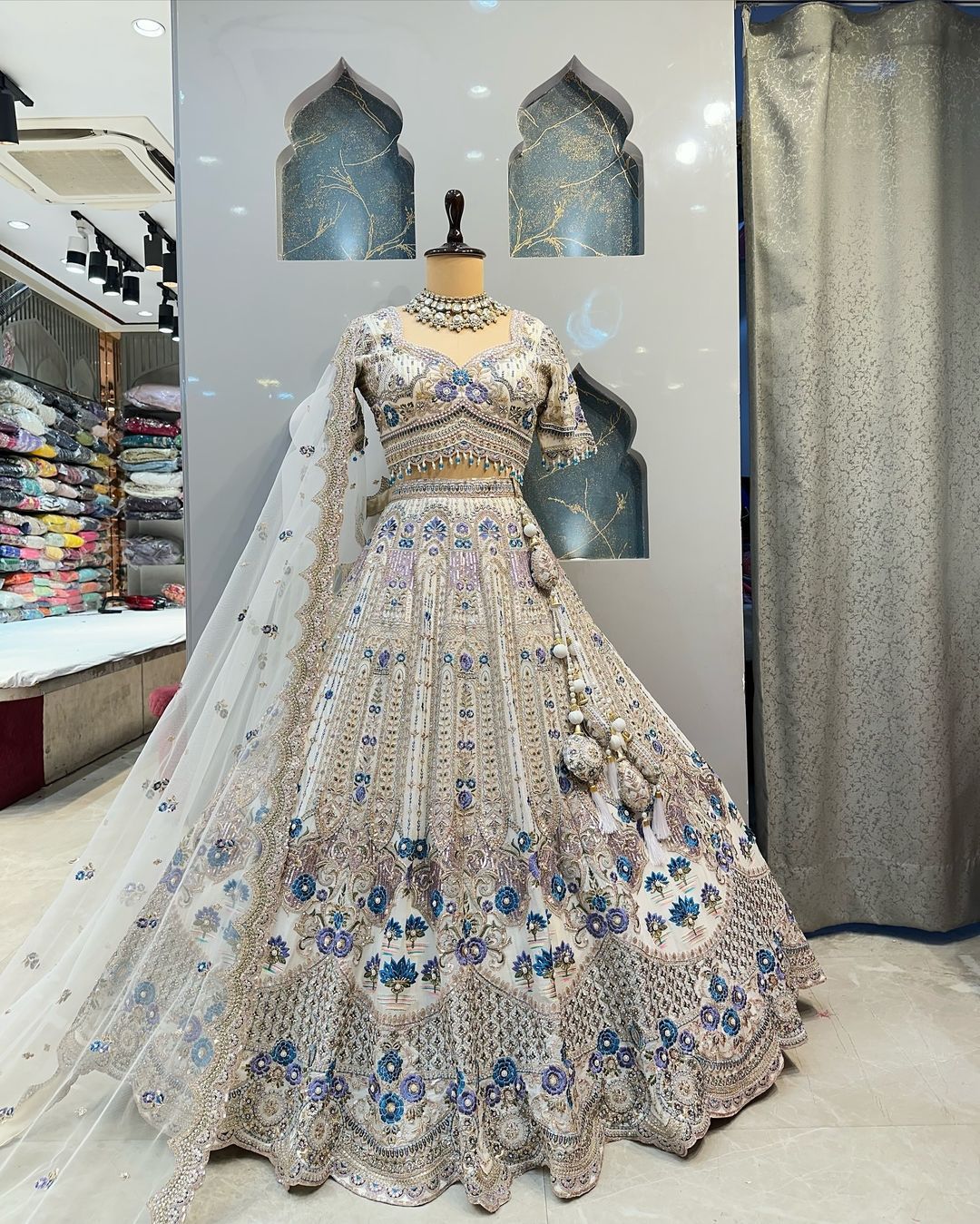 White & Blue Satin Silk Heavy Embroidery Diamond Work Semi Stitched Bridesmaid Lehengas 1083 - Image 2
