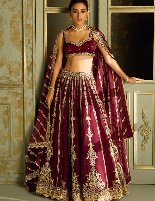 Maroon Heavy Embroidery Diamond Work Semi Stitched Wedding Lehengas 1084