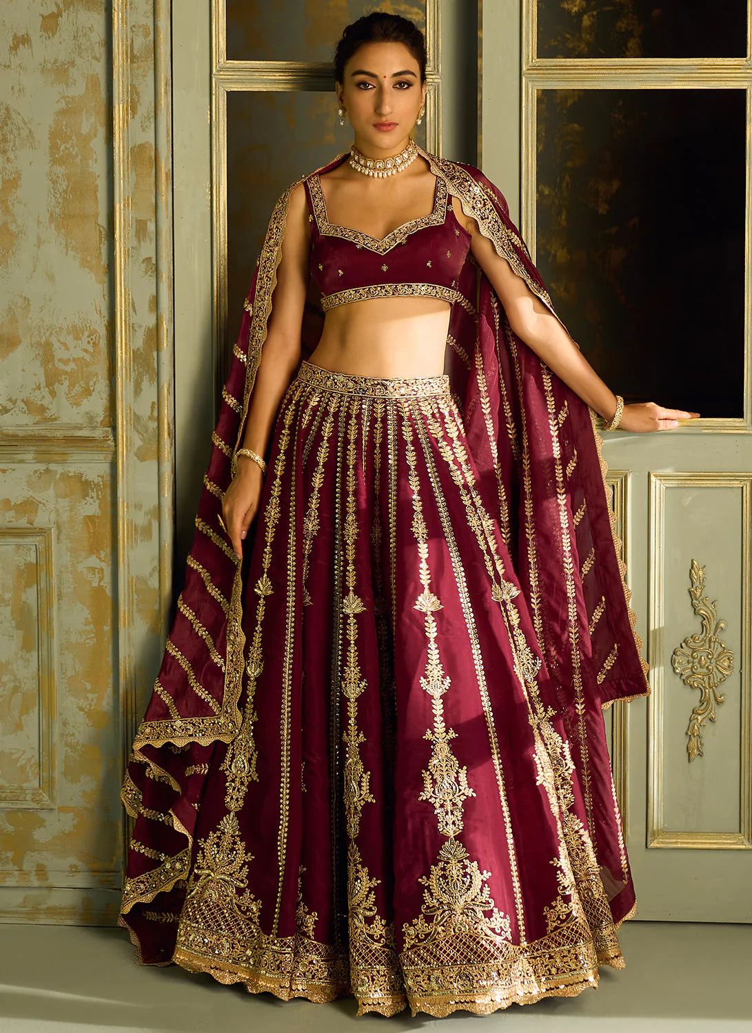 Maroon Heavy Embroidery Diamond Work Semi Stitched Wedding Lehengas 1084