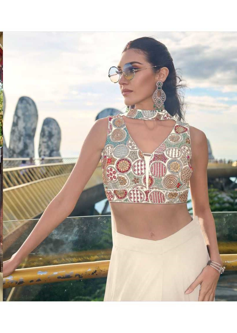 White Chinon Silk Crop Top, Palazzo & Dupatta Set 1223 - Image 2