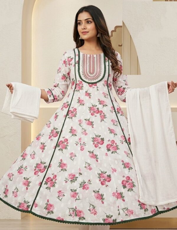 White Cotton Summer Collection Floral Print Anarkali Suits 8001