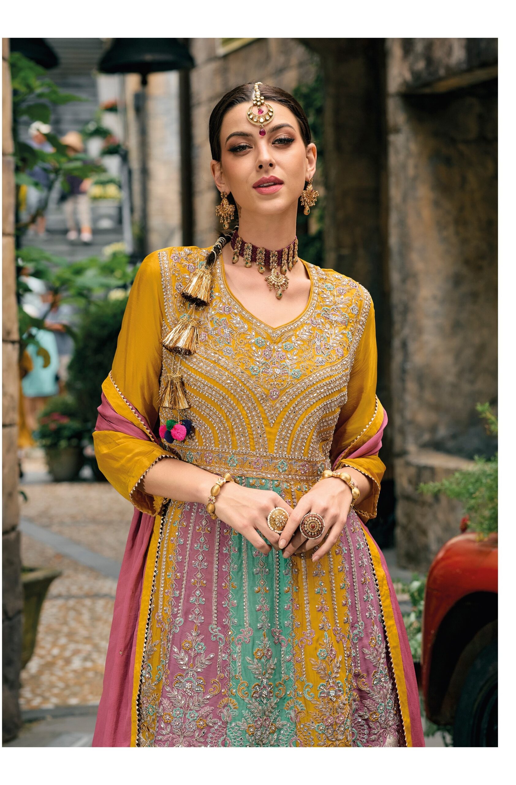 Yellow Multicolor Thread Work Wedding Chinon Silk Semi Stitched Palazzo Suit 1608 - Image 2