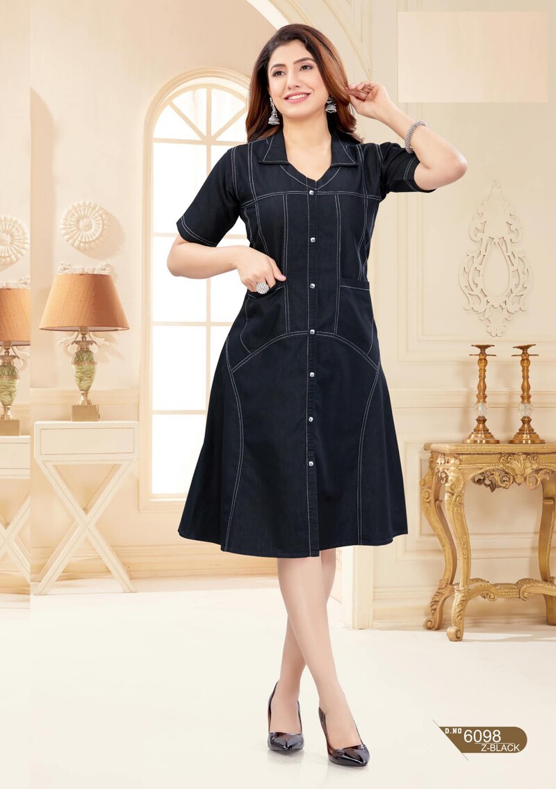 Black Outstitch Denim One Piece 6098