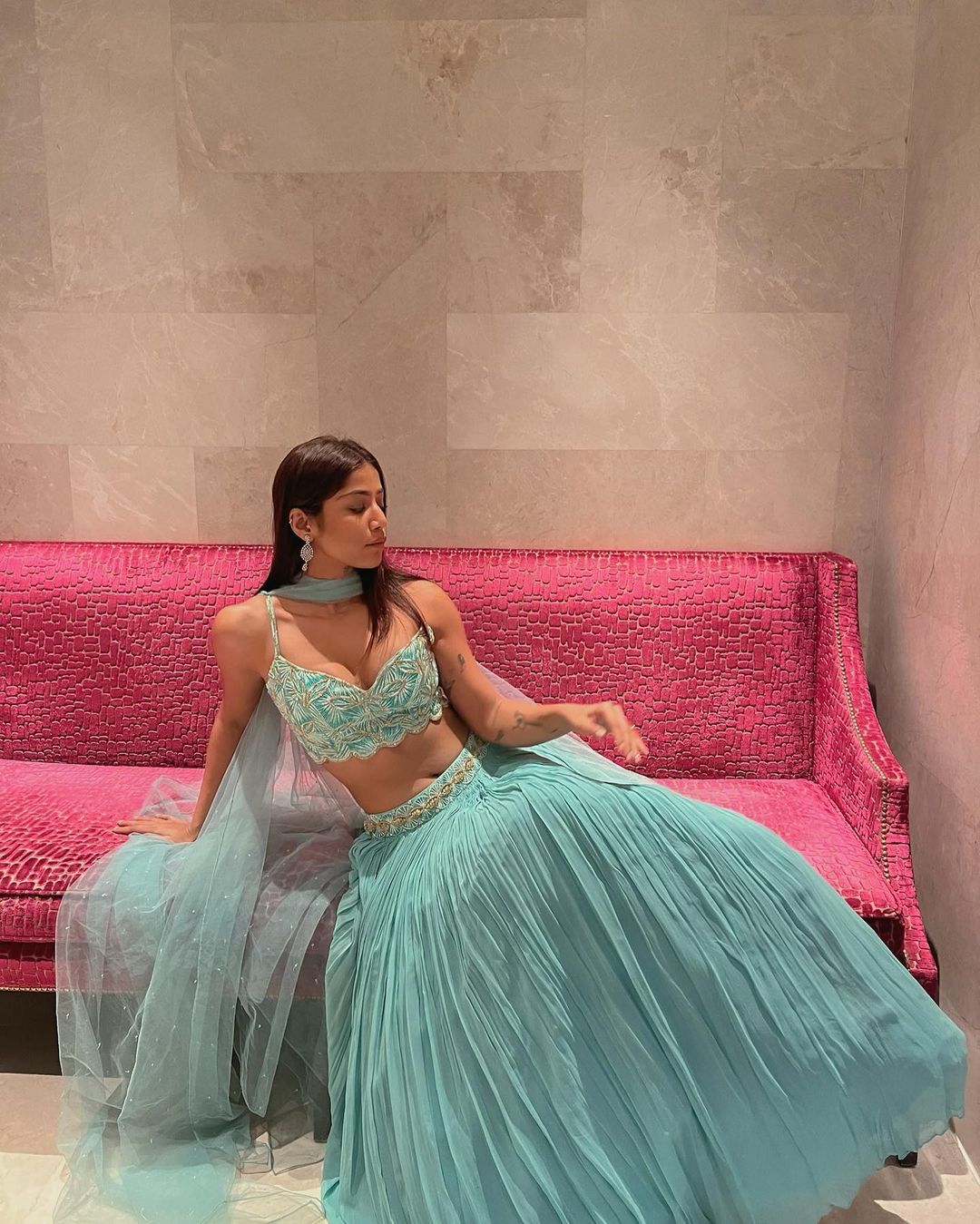 Heavy Georgette Turquoise Wedding Lehenga E-005 - Image 2