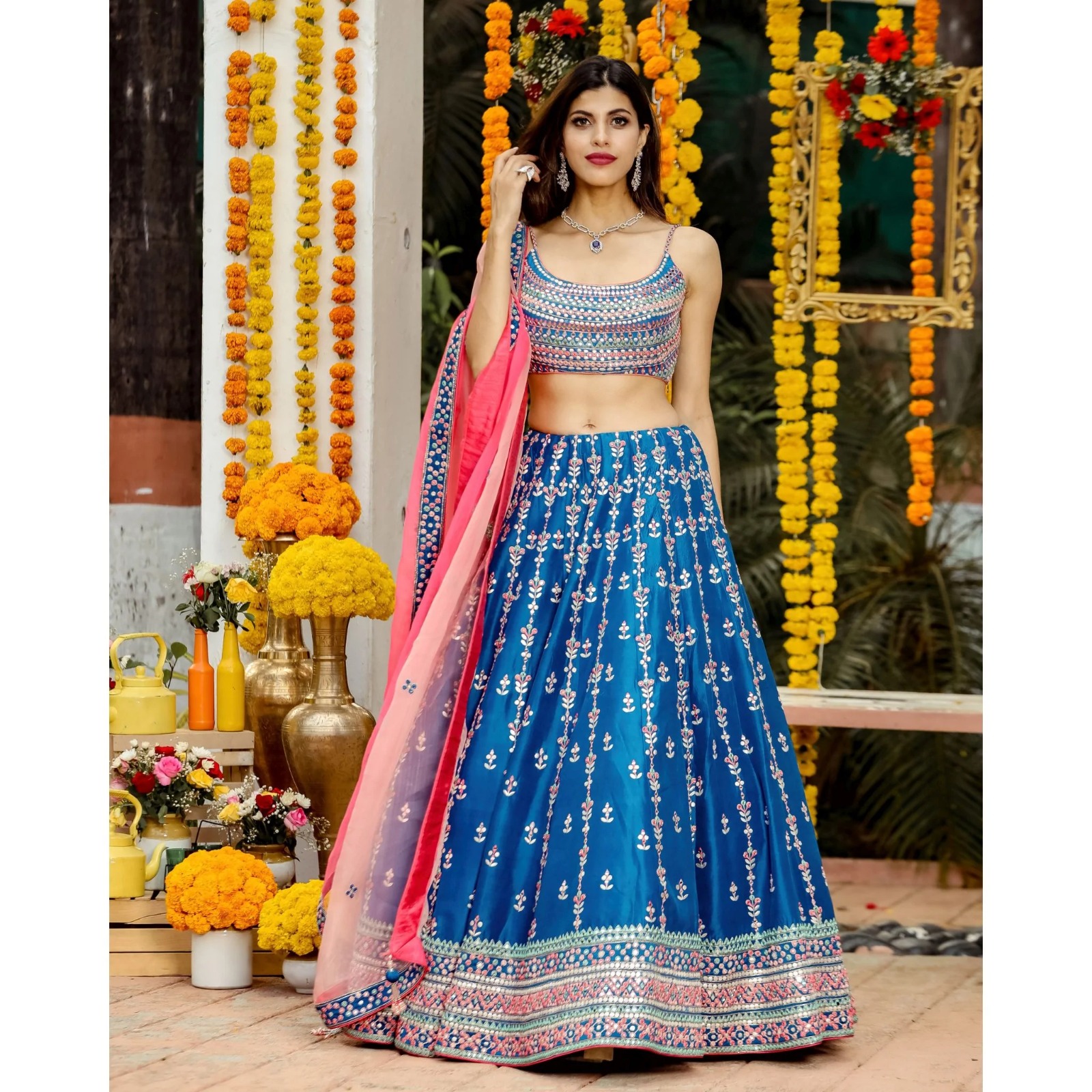 Heavy Chinon Silk Embroidery Work Wedding Lehenga E-026 - Image 2