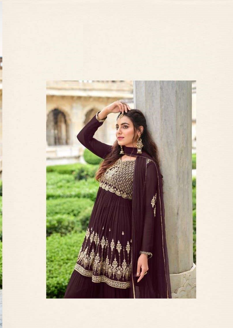 Wine Georgette Full Stitch Wedding Gharara Suits 501 - Image 2