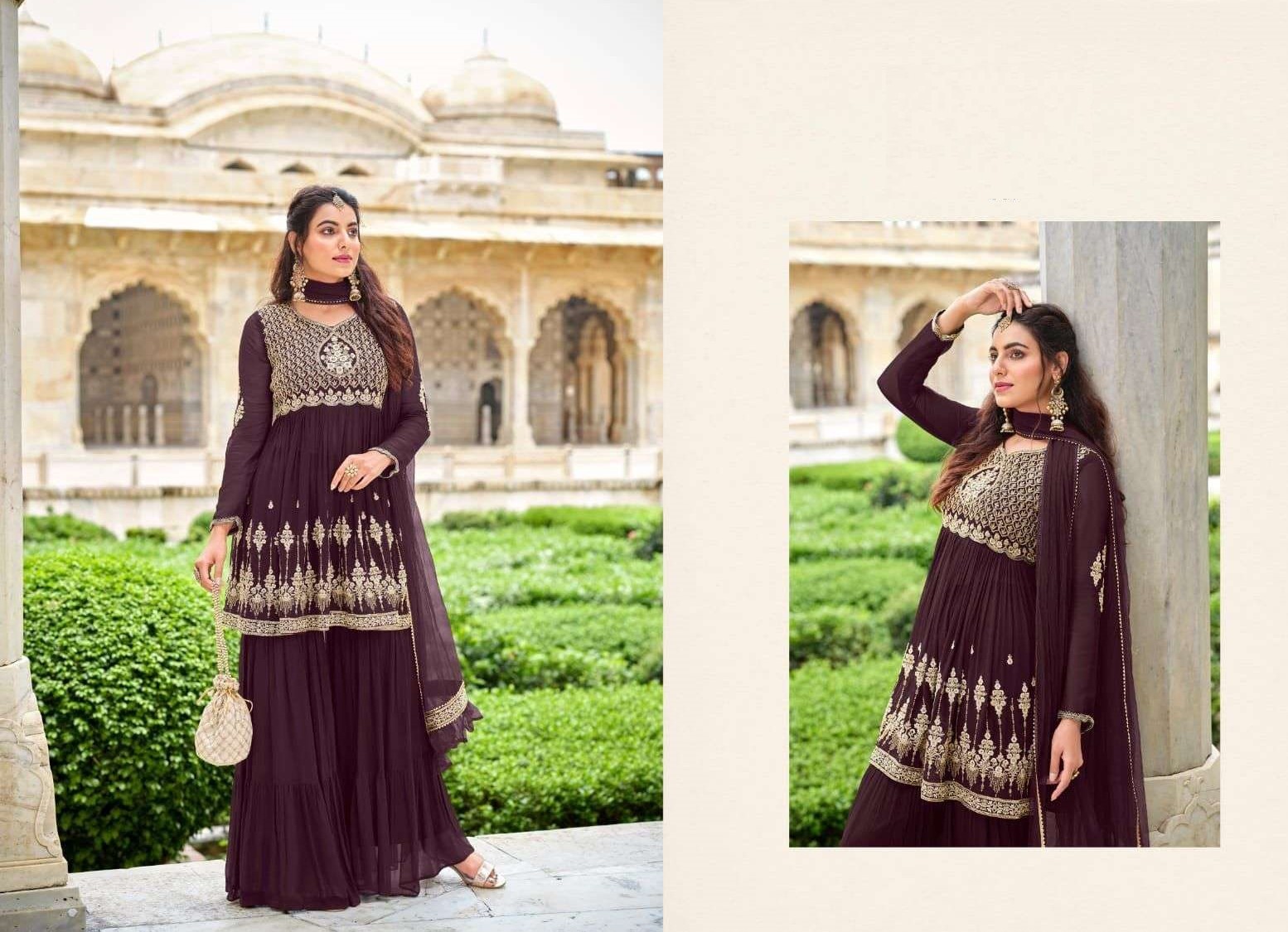 Wine Georgette Full Stitch Wedding Gharara Suits 501 - Image 3