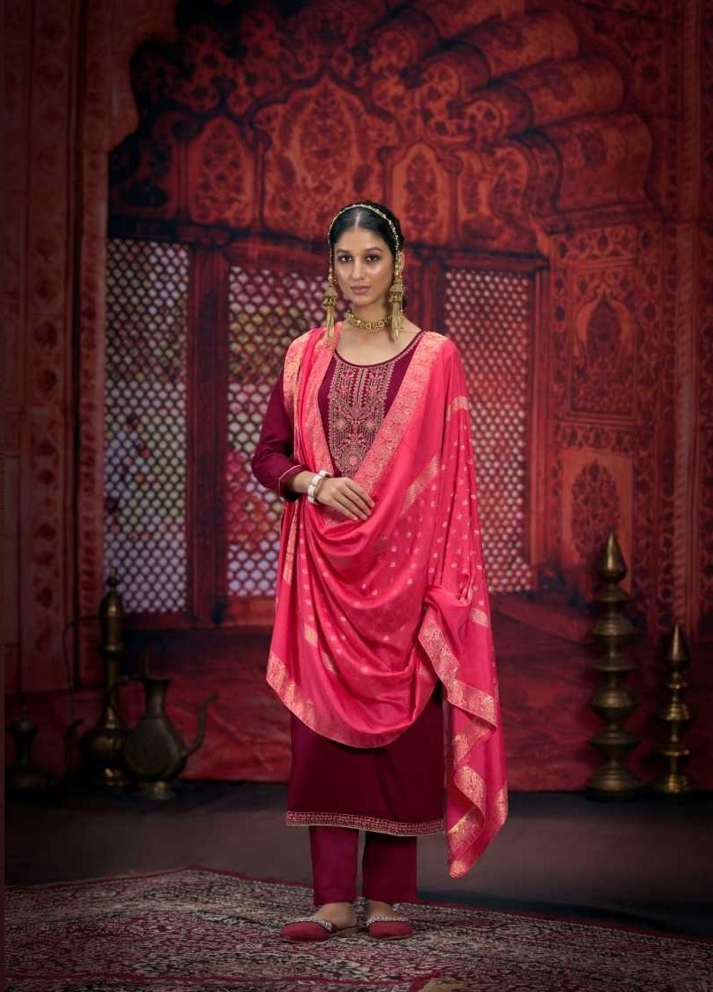 Maroon Full Stitched Plus Size Silk Suits With Jacquard Dupatta 12171