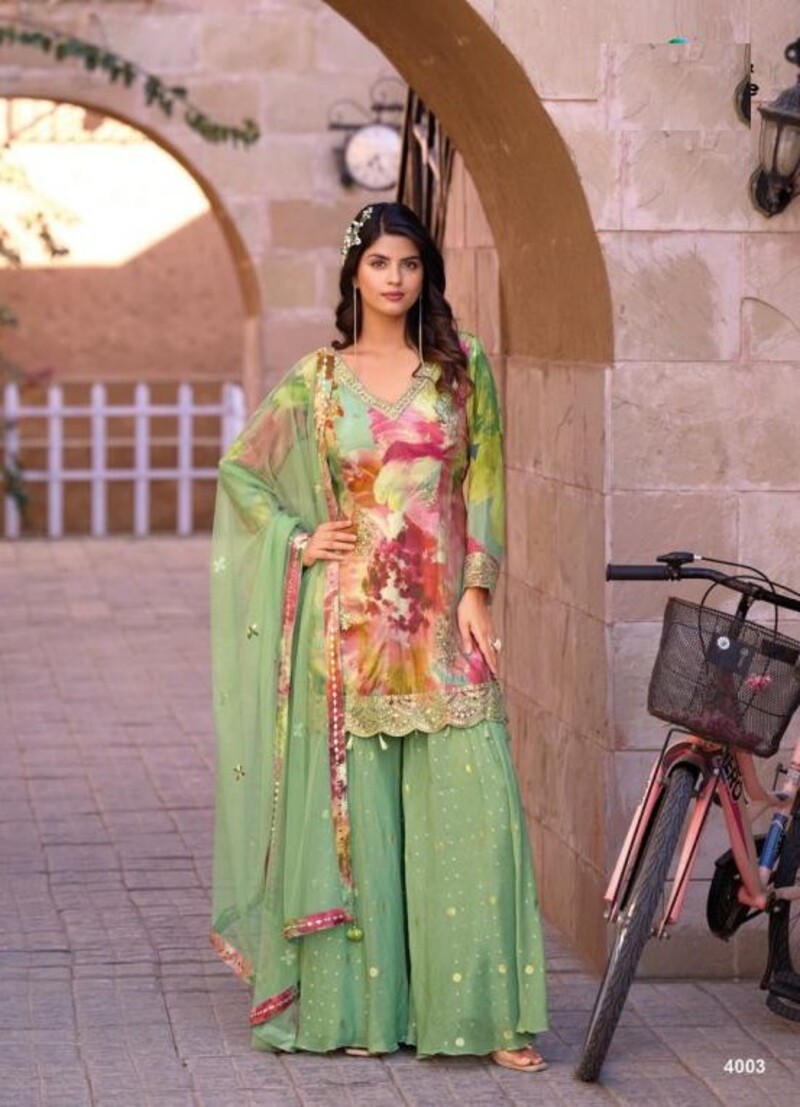 Olive Green Floral Print Chinon Silk Party Wear Free Size Gharara Suit 4003