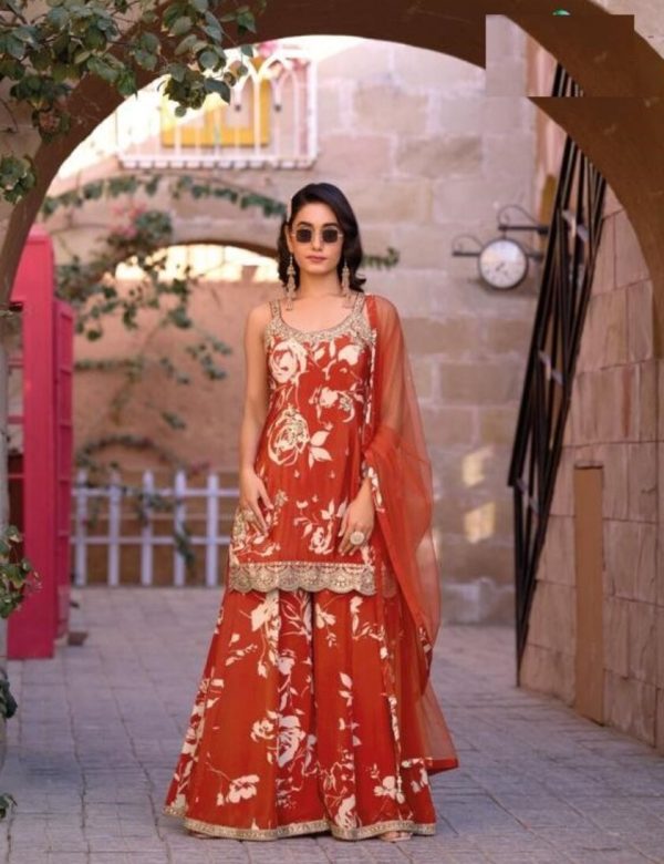 Crimson Red Abstract Print Chinon Silk Party Wear Free Size Gharara Suit 4004