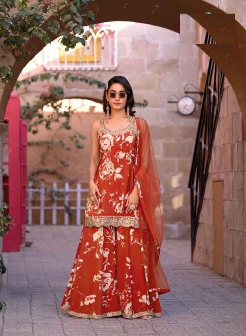 Crimson Red Abstract Print Chinon Silk Party Wear Free Size Gharara Suit 4004