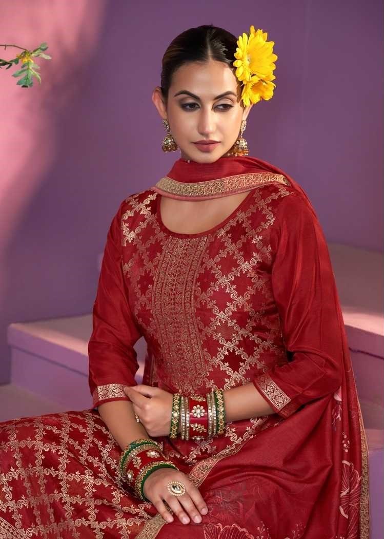 Red Heavy Jacquard Full Stitched Plus Size Suits With Muslin Digital Print Dupatta 11922 - Image 2