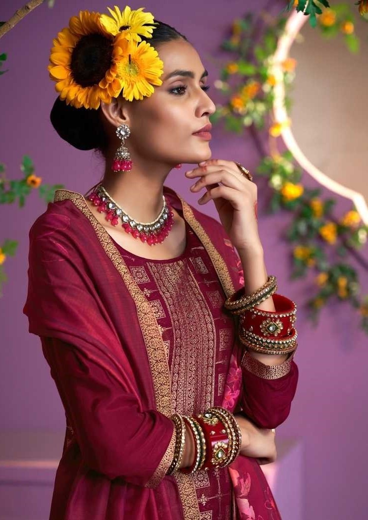Maroon Heavy Jacquard Full Stitched Plus Size Suits With Muslin Digital Print Dupatta 11925 - Image 2