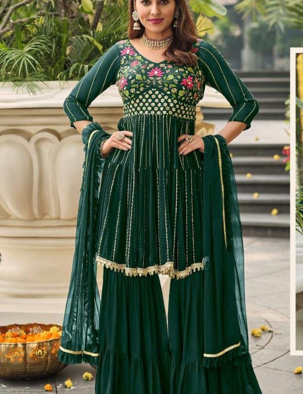 Dark Green Georgette Full Stitch Wedding Gharara Suit 104