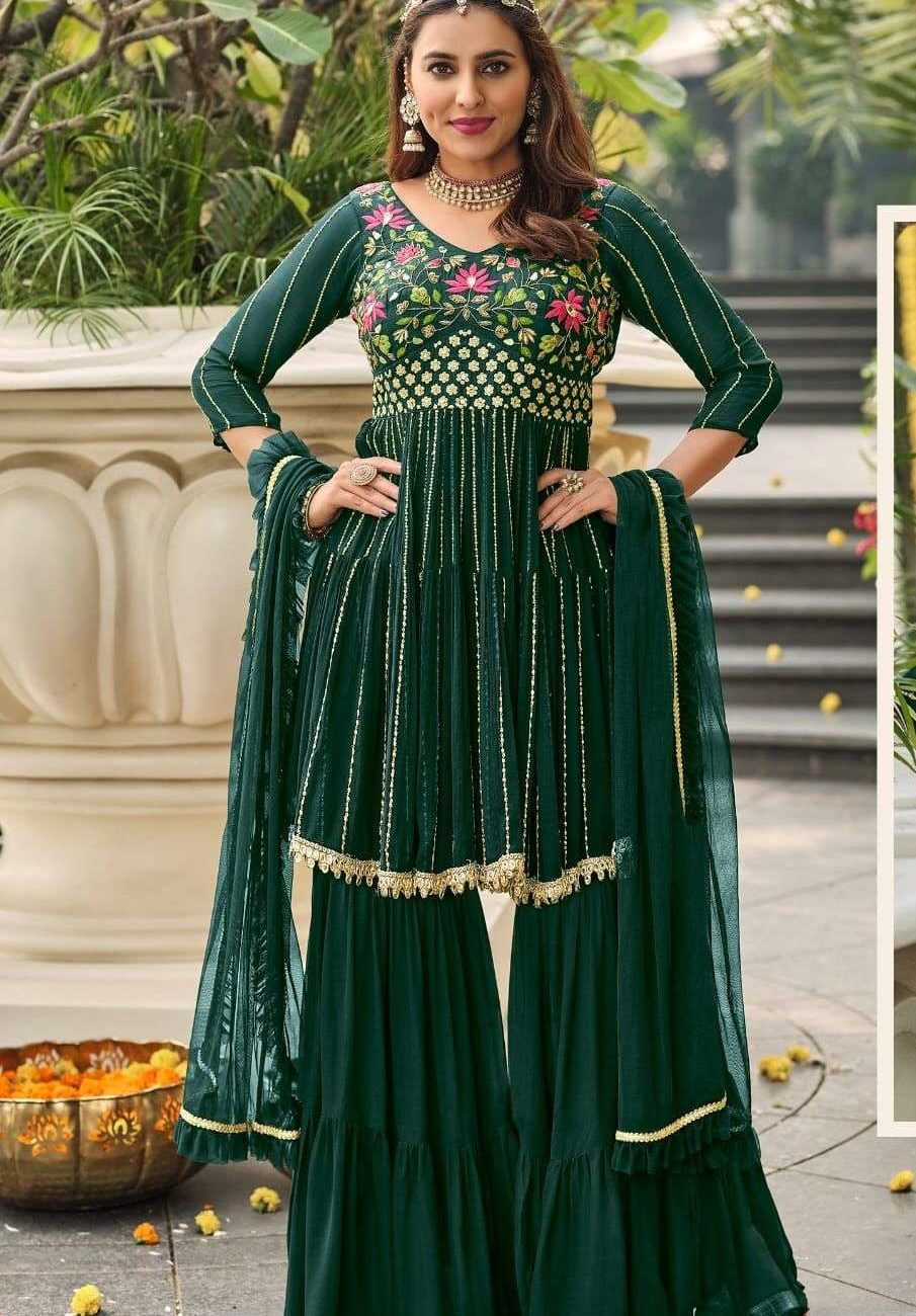 Dark Green Georgette Full Stitch Wedding Gharara Suit 104 - Aarshi Fashion Dark Green Georgette Full Stitch Wedding Gharara Suit 104 - Aarshi Fashion