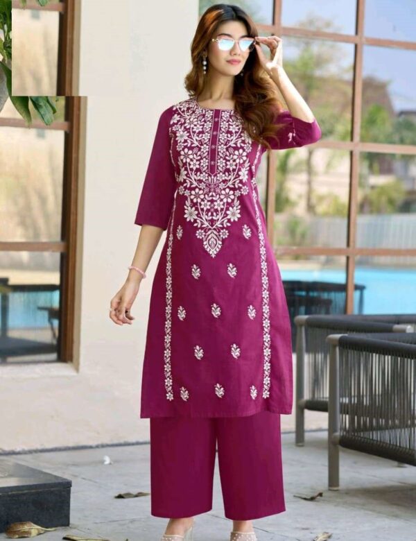 Cotton Slub Summer Wear Lucknowi Embroidery Kurta Sets 1001
