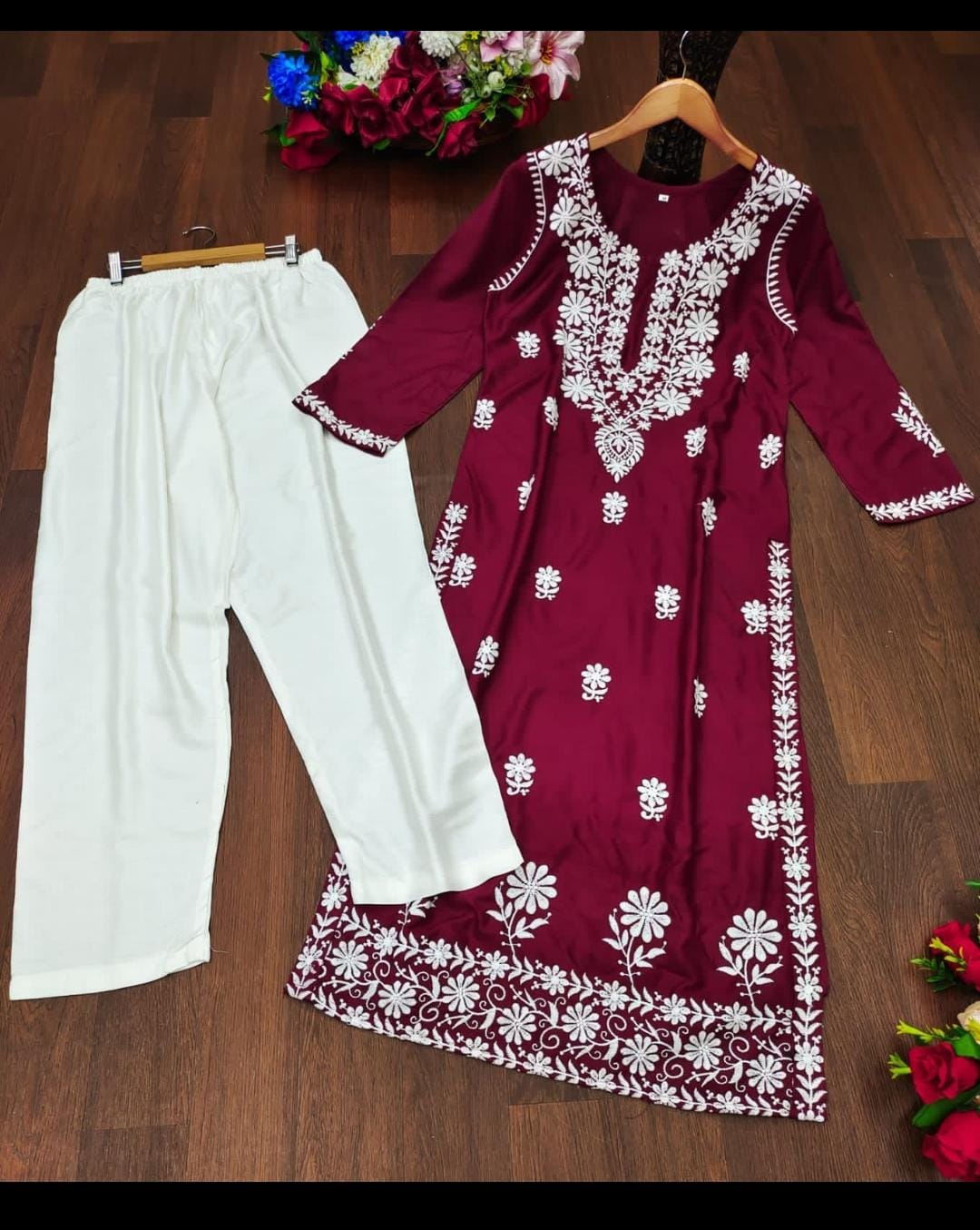 Maroon Lucknowi Work Kurta & Pant Set 1214