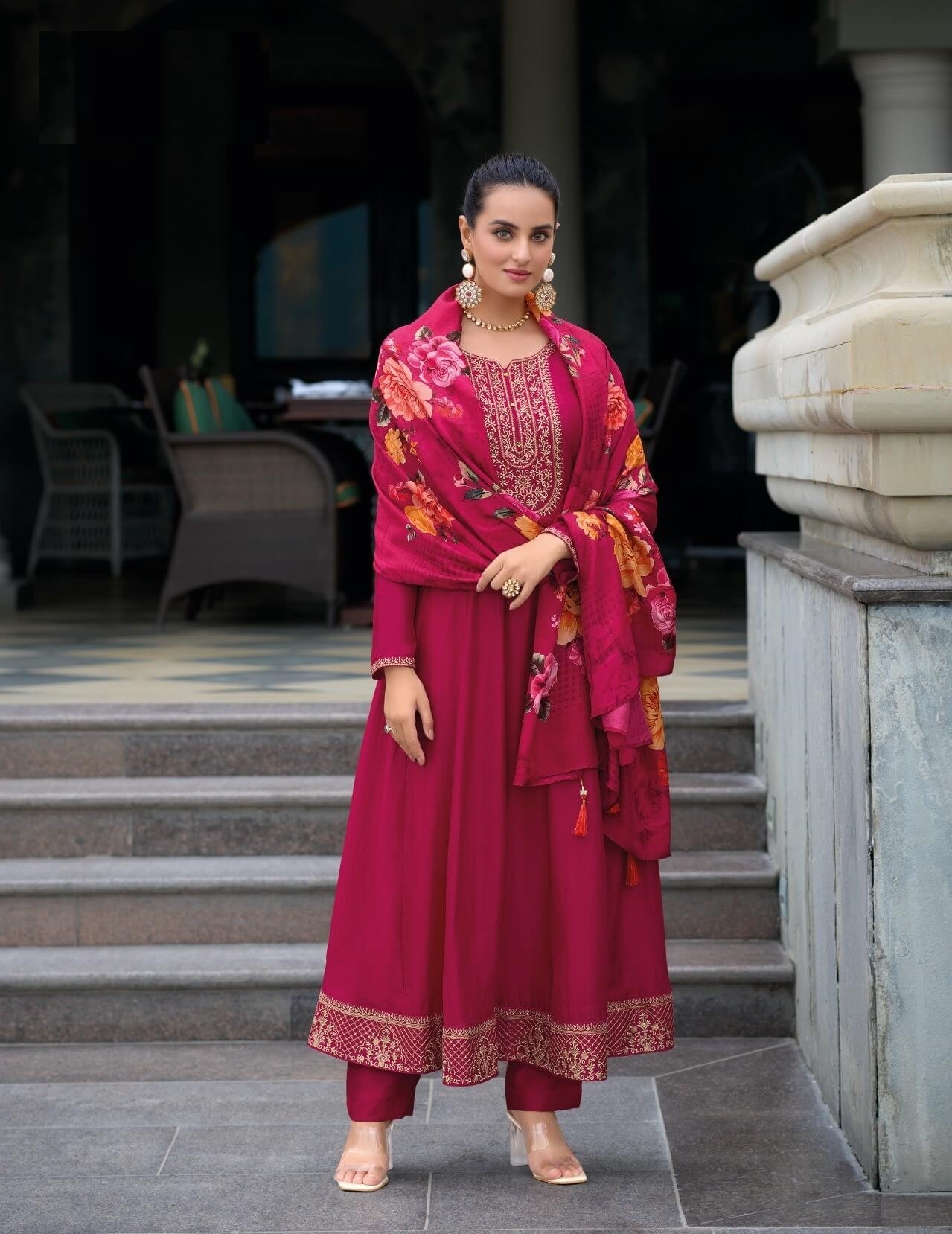 Rani Pink Silk Anarkali Suit With Floral Organza Dupatta 22101