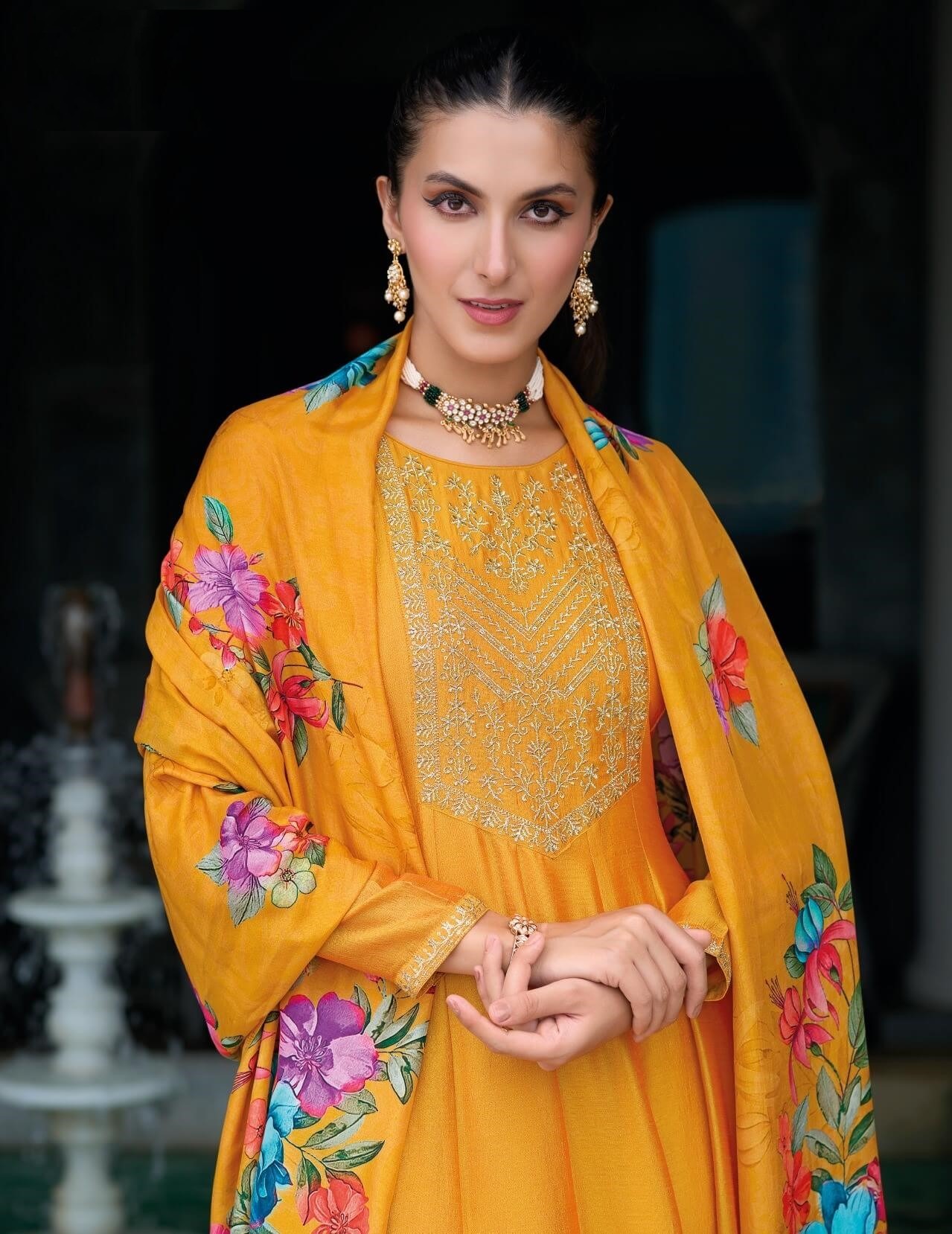 Golden Yellow Silk Anarkali Suit With Floral Organza Dupatta 22102 - Image 2