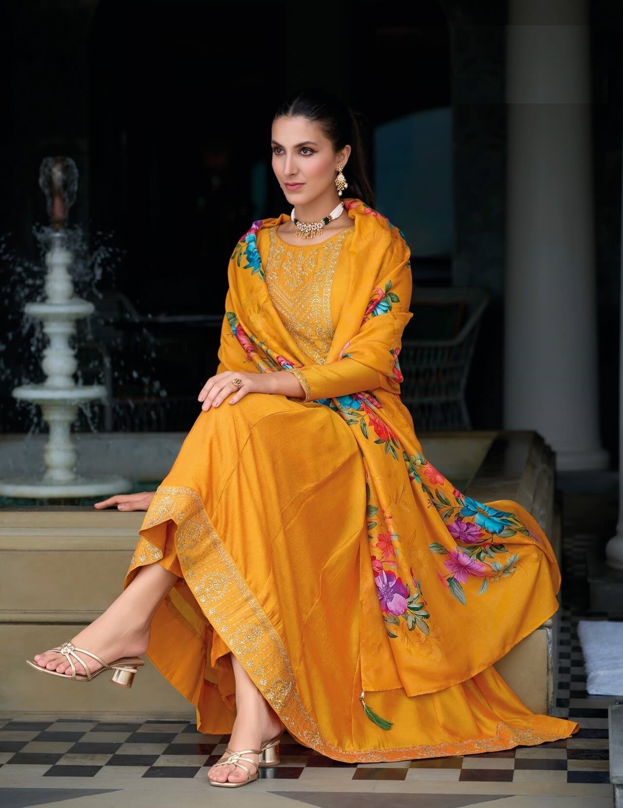 Golden Yellow Silk Anarkali Suit With Floral Organza Dupatta 22102 - Image 3