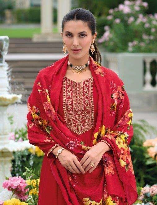 Red Silk Anarkali Suit With Floral Organza Dupatta 22106 - Image 2