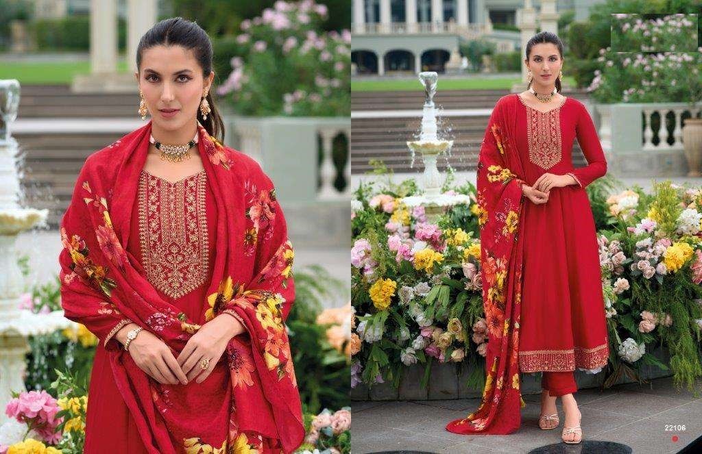 Red Silk Anarkali Suit With Floral Organza Dupatta 22106 - Image 3