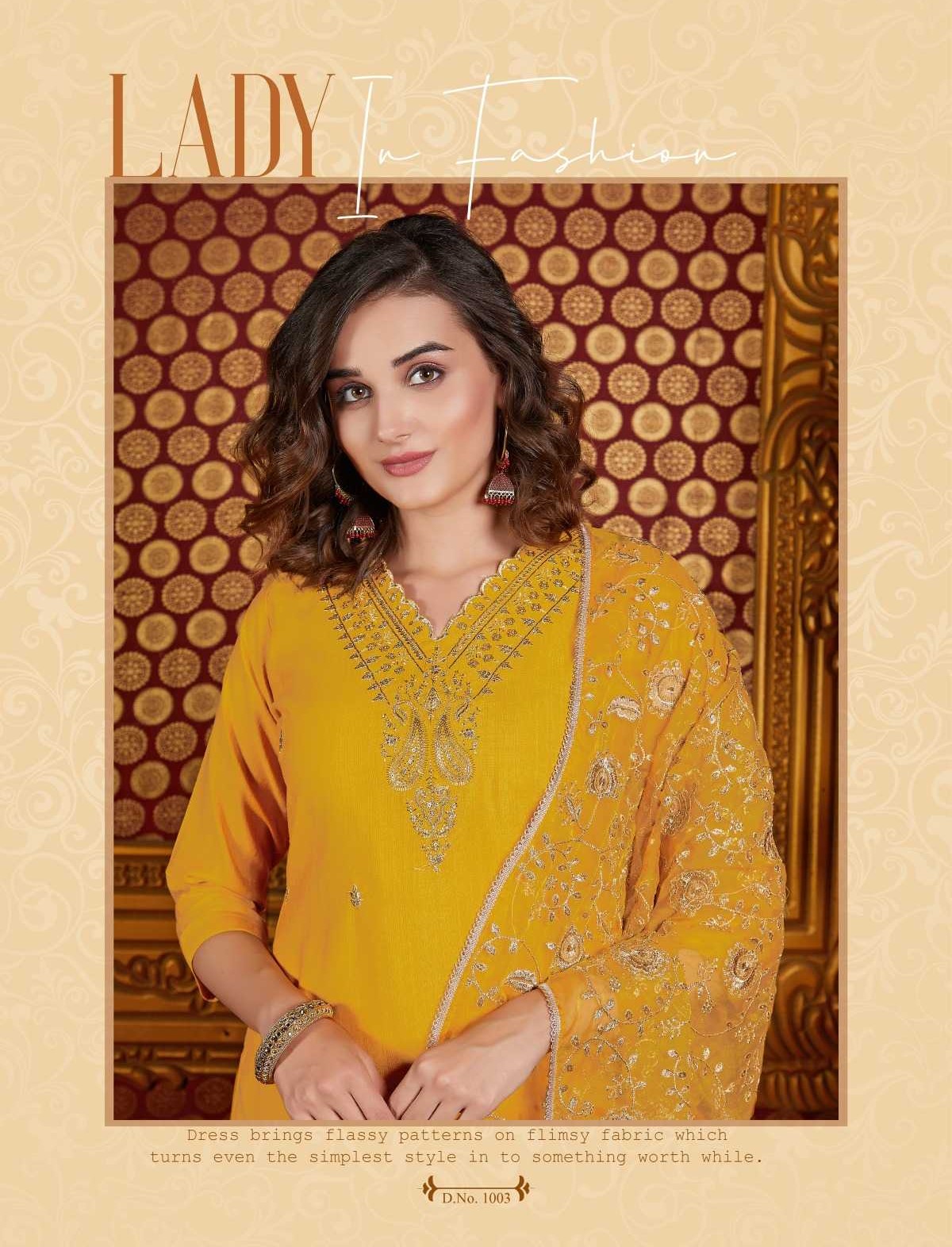 Yellow Silk Heavy V Neck Embroidery Organza Dupatta Full Stitch Suits 1003 - Image 2