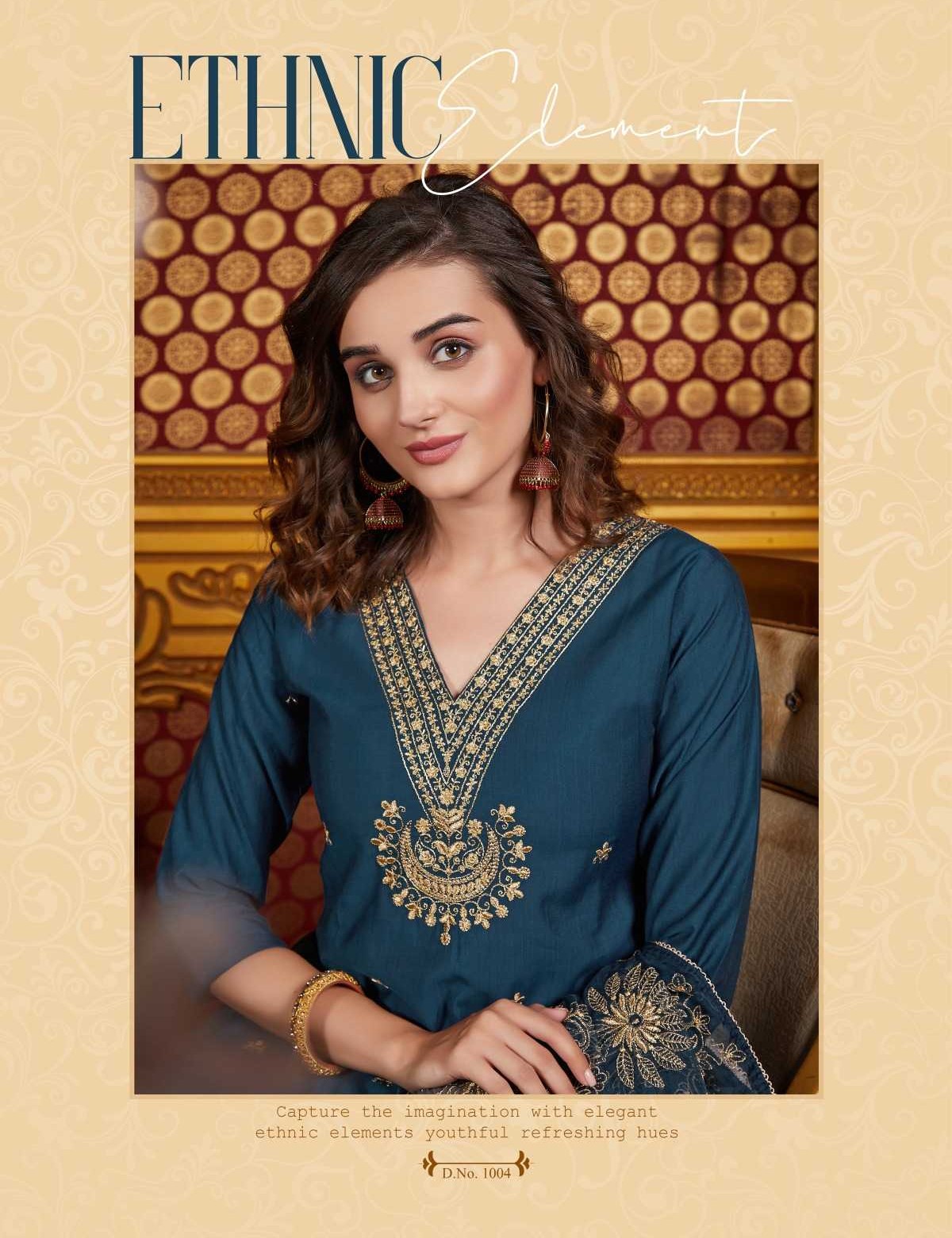 Navy Blue Silk Suit with V-Neck & Organza Dupatta 1004 - Image 2