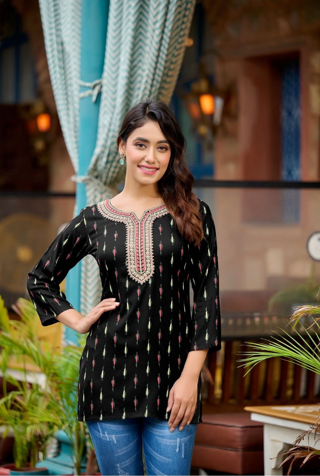 Black Rayon Cotton Mirror Work Short Kurti 108