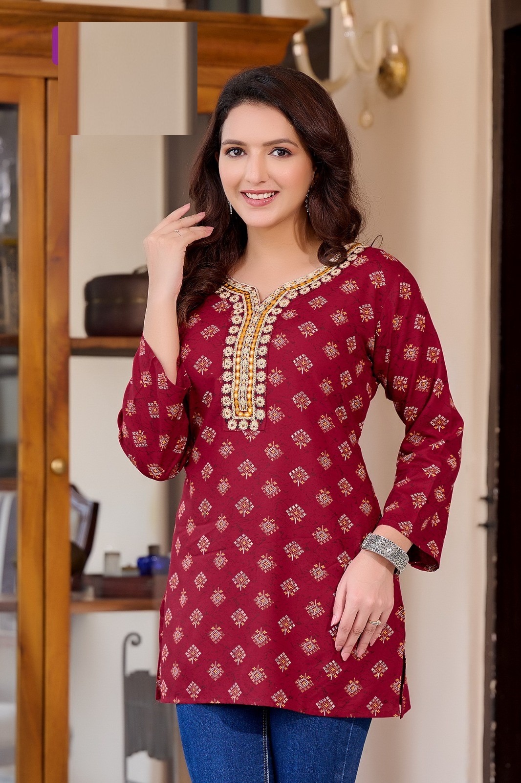 Maroon Rayon Cotton Mirror Work Short Kurti 204 - Image 2