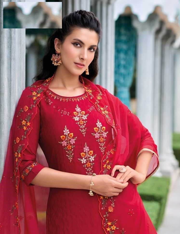 Red Silk Handwork Suit With Tulip Pants & Silk Dupatta 22005 - Image 2
