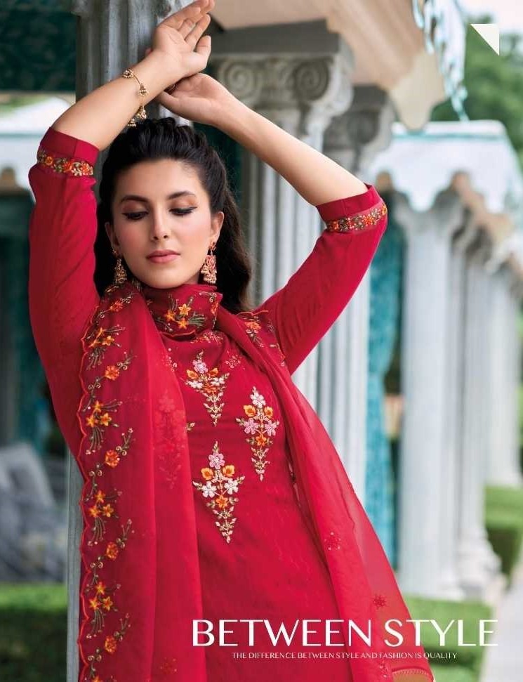 Red Silk Handwork Suit With Tulip Pants & Silk Dupatta 22005 - Image 3