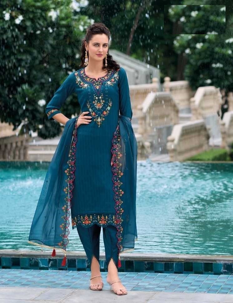 Teal Silk Handwork Suit With Tulip Pants & Silk Dupatta 22006