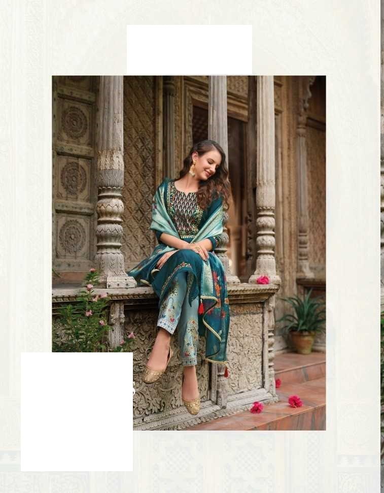 Peacock Blue Soft Silk Hand Work Top & Banarasi Bottom With Silk Dupatta Suits 23205 - Image 2