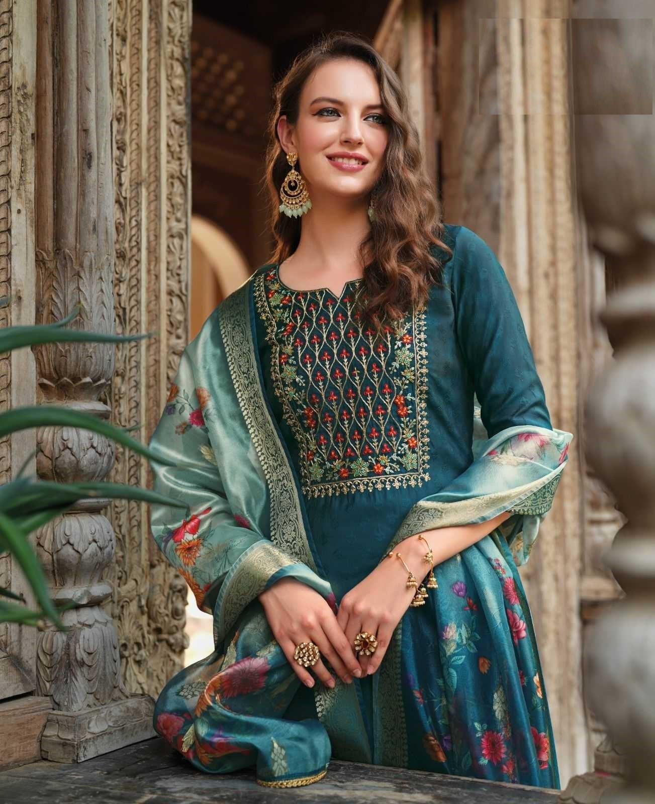 Peacock Blue Soft Silk Hand Work Top & Banarasi Bottom With Silk Dupatta Suits 23205 - Image 3