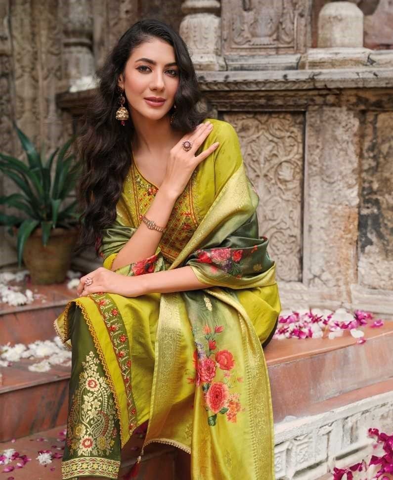 Lemon Green Soft Silk Hand Work Top & Banarasi Bottom With Silk Dupatta Suits 23206 - Image 3
