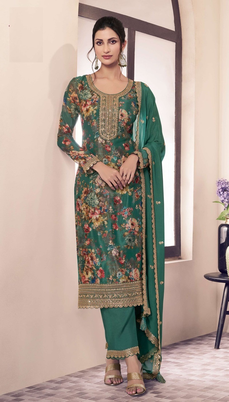 Sea Green Floral Print Chinon Silk Plus Size Full Stitched Ceremonial Suits 72062