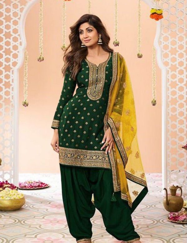 Dark Green Plus Size Jacquard Silk Semi Stitched Patiyala Suits 704A